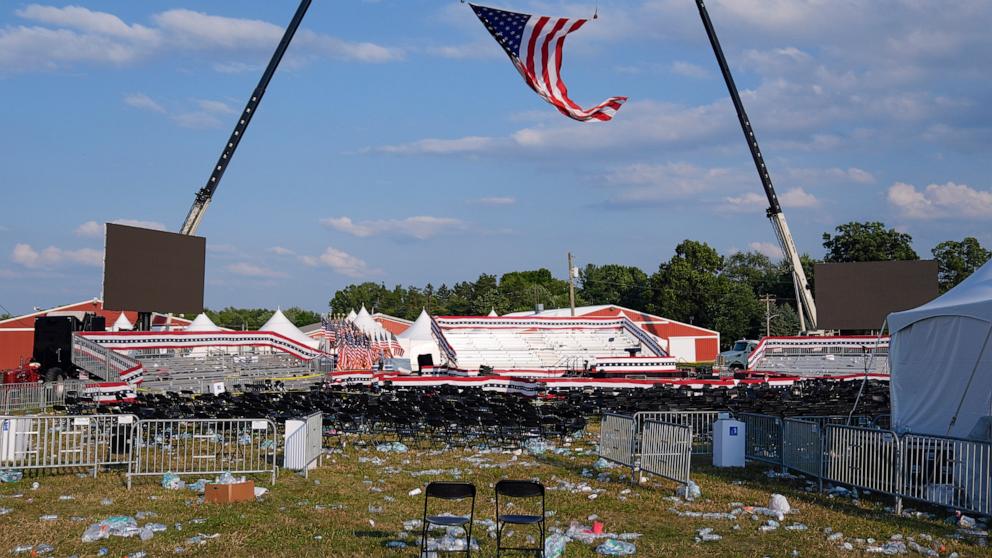 PHOTO: A campaign rally site for Republican presidential candidate former President Donald Trump is empty and littered with debris, on July 13, 2024, in Butler, Pa. 