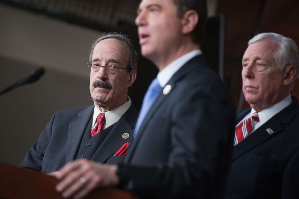 PHOTO: Reps. Eliot Engel, D-N.Y., Adam Schiff, D-Calif., and House Minority Whip Steny Hoyer, D-Md., conduct a news conference, Feb. 15, 2017.