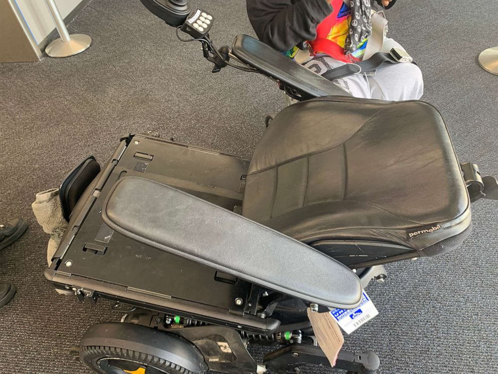 PHOTO: Disability rights activist Engracia Figuero says United Airlines damaged her $30,000 custom-made electric wheelchair on a flight from Washington, D.C. to Los Angeles, July 14, 2021.