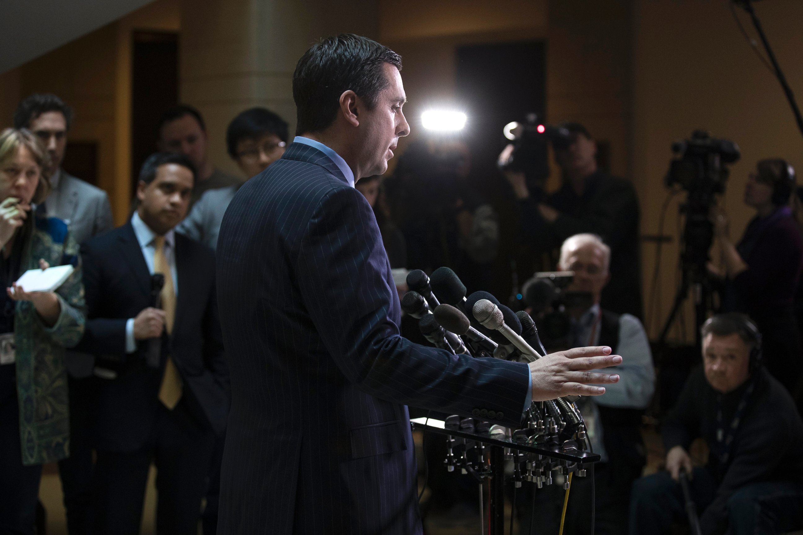PHOTO: Chairman of the House Permanent Select Committee on Intelligence Devin Nunes answers questions during a press conference on Capitol Hill in Washington, D.C., March 22, 2017
