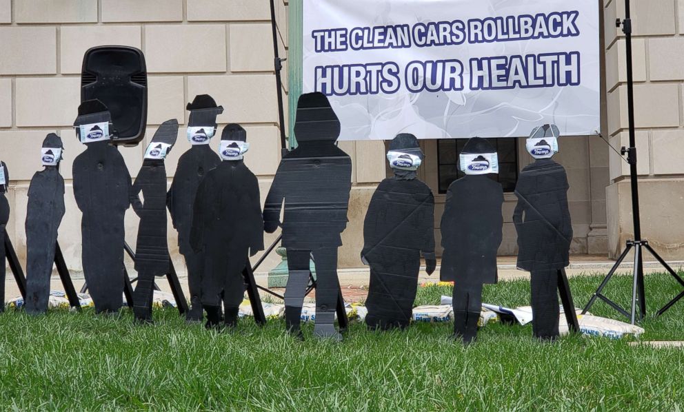 PHOTO: Advocacy groups display silhouettes of children meant to represent Americans hurt by air pollution at a protest of the administration's proposal to freeze fuel efficiency standards outside the EPA in Washington, Aug. 2, 2018.