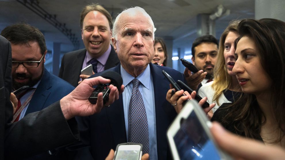 PHOTO: Sen. John McCain speaks to the media in a hallway the U.S. Capitol in Washington, D.C., May 16, 2017. 