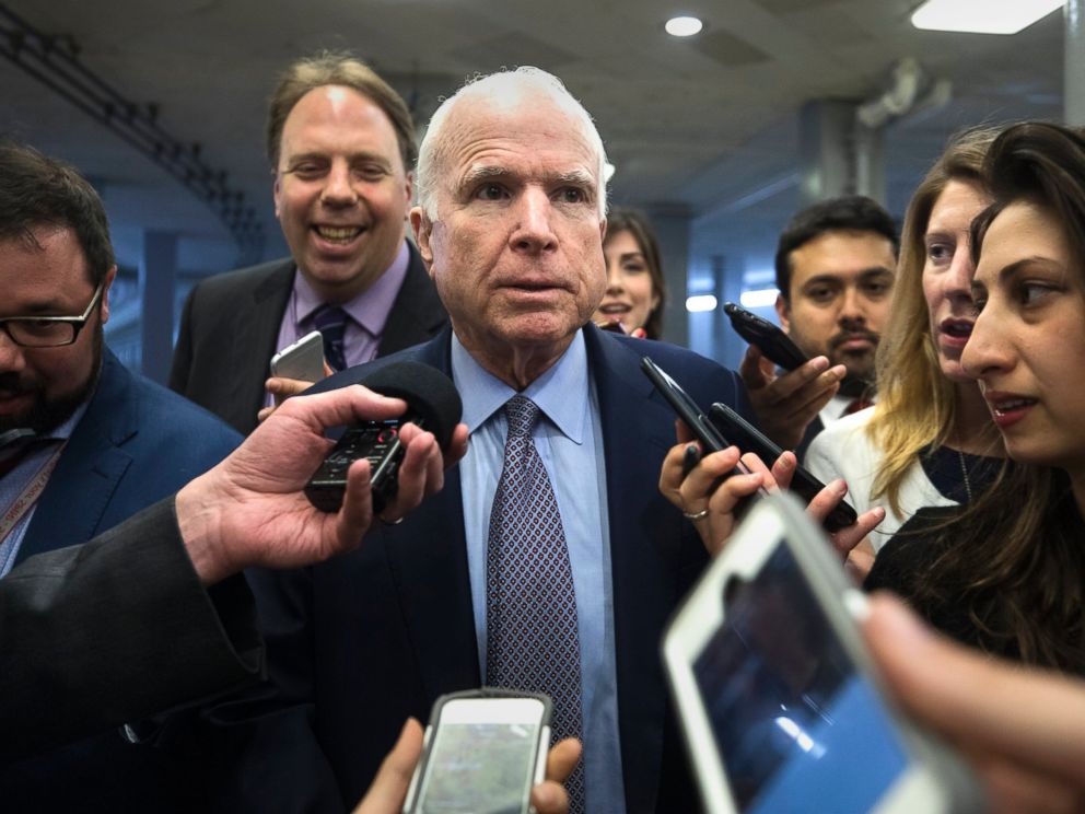 PHOTO: Sen. John McCain speaks to the media in a hallway the U.S. Capitol in Washington, D.C., May 16, 2017.