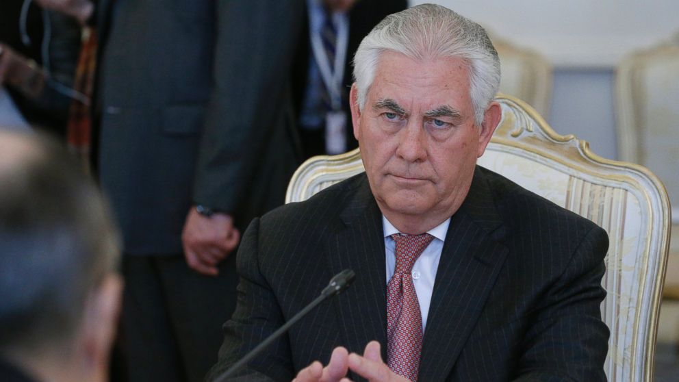 Secretary of State Rex Tillerson talks to Russian Foreign Minister Sergei Lavrov during their meeting in the Russian Foreign Ministry guest house in Moscow, Russia, April 12, 2017.