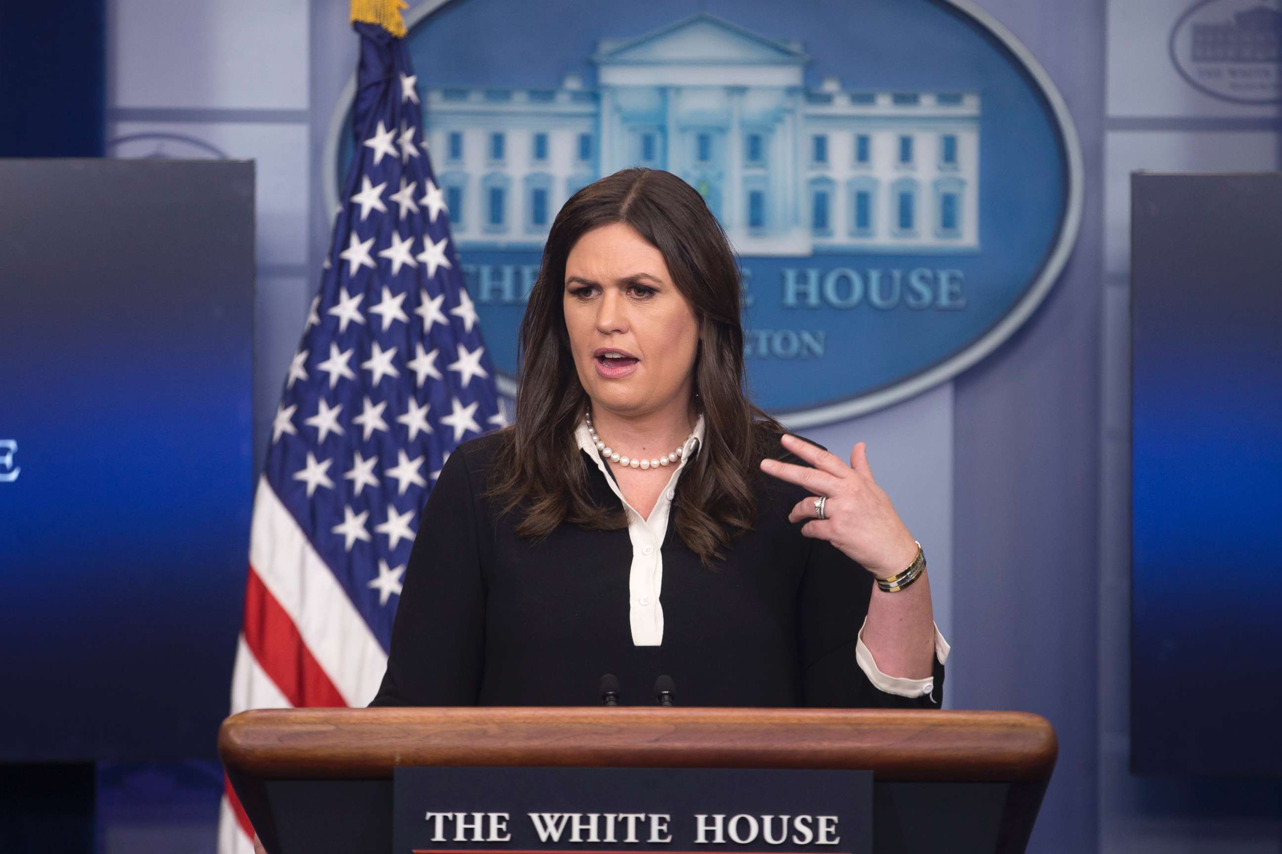 PHOTO: White House Deputy Press Secretary Sarah Huckabee Sanders speaks during a news conference in which she defended President Trump after he wrote a widely-criticized tweet mocking Mika Brzezinski, in Washington, June 29, 2017.