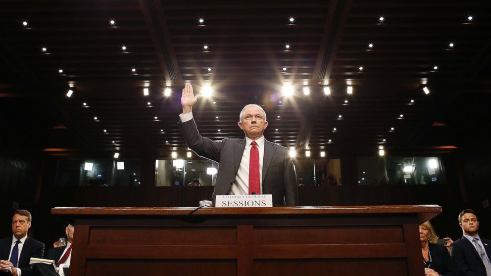 Attorney General Jeff Sessions is sworn in to testify before the Senate Intelligence Committee on the FBI's investigation into the Trump administration and its possible collusion with Russia during the campaign, in the Hart Senate office Building in Washington, D.C., June 13, 2017. 