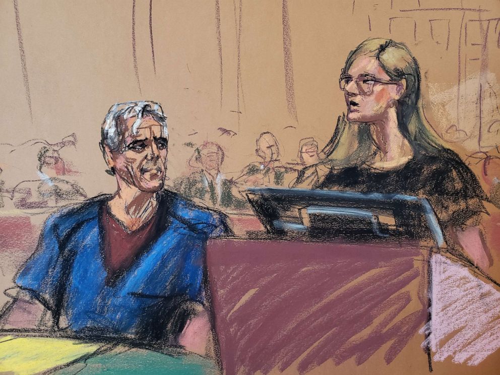 PHOTO: Annie Farmer (R) speaks as Jeffrey Epstein looks on during a a bail hearing in financier Jeffrey Epstein's sex trafficking case, in this court sketch in New York, July 15, 2019. 