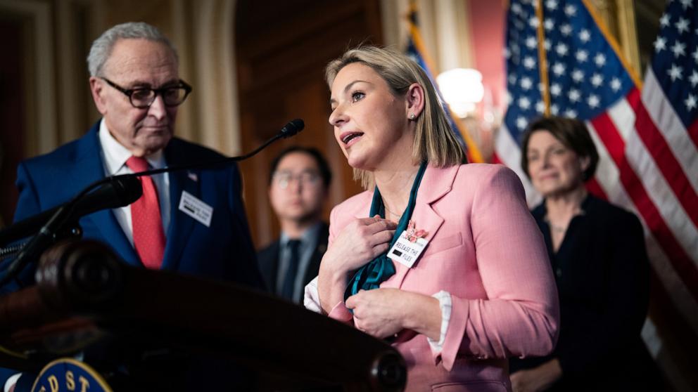 PHOTO: Danielle Bensky, a Jeffrey Epstein survivor, speaks during a news conference ahead of the State of the Union address in the U.S. Capitol, on Feb. 24, 2026.
