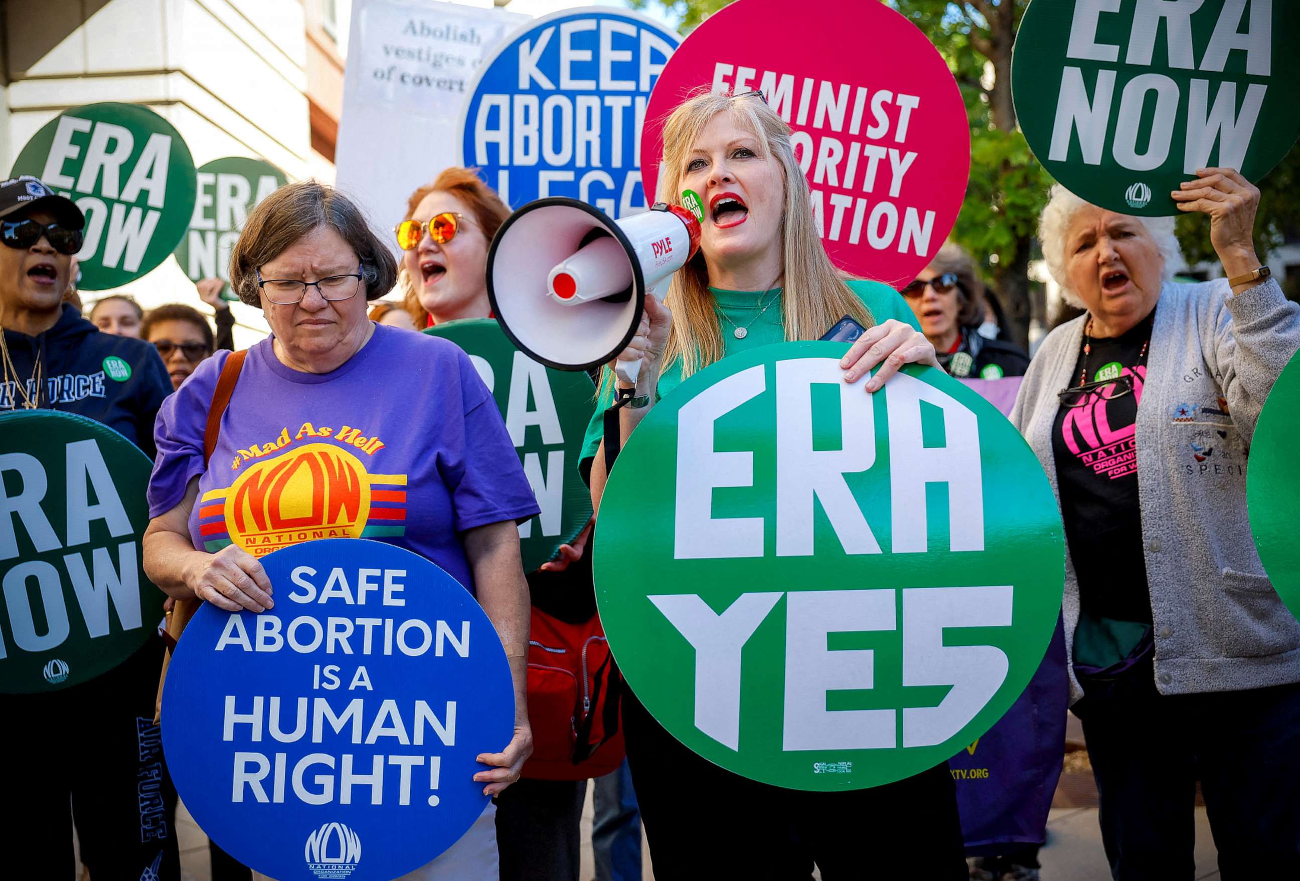 PHOTO: Lisa Sales, president of the Virginia NOW chapter, calls for passage of the Equal Rights Amendment outside the district courthouse in Washington, U.S., Sept. 28, 2022.