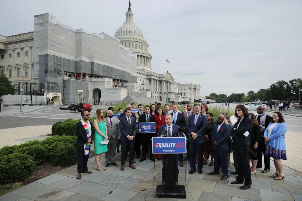 PHOTO: Rep. David Cicilline addresses a rally and news conference with Rep. Mark Takano, Rep. Chris Pappas and leaders from LGBTQ advocacy organizations before the House votes on the Equality Act, May 17, 2019, in Washington, DC.