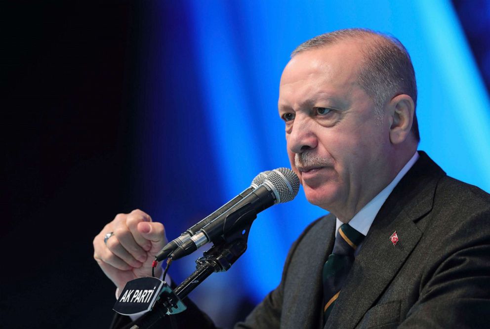 PHOTO: In this March 24, 2021, file photo, Turkey's President Recep Tayyip Erdogan gestures as he delivers a speech during his ruling party's congress inside a packed sports hall in Ankara, Turkey.