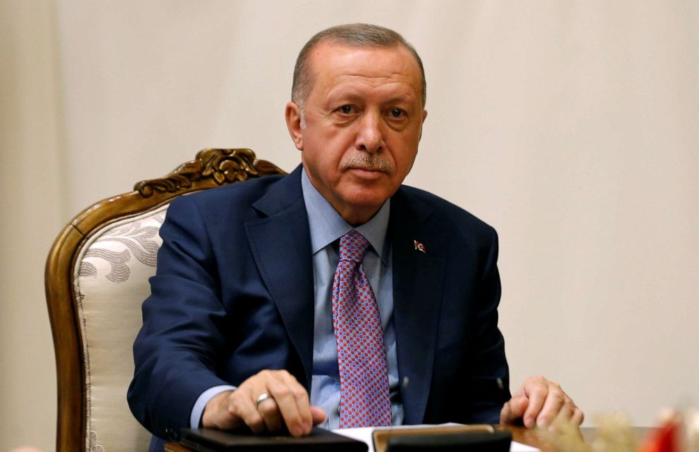 PHOTO: Turkish President Tayyip Erdogan meets U.S. Vice President Mike Pence (not pictured) at the Presidential Palace in Ankara, Turkey, Oct. 17, 2019.