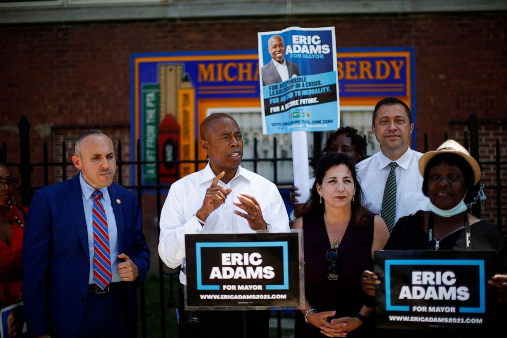 PHOTO: Eric Adams, Democratic candidate for New York City Mayor, speaks to supporters during a campaign appearance in Coney Island in Brooklyn, New York, June 18, 2021.