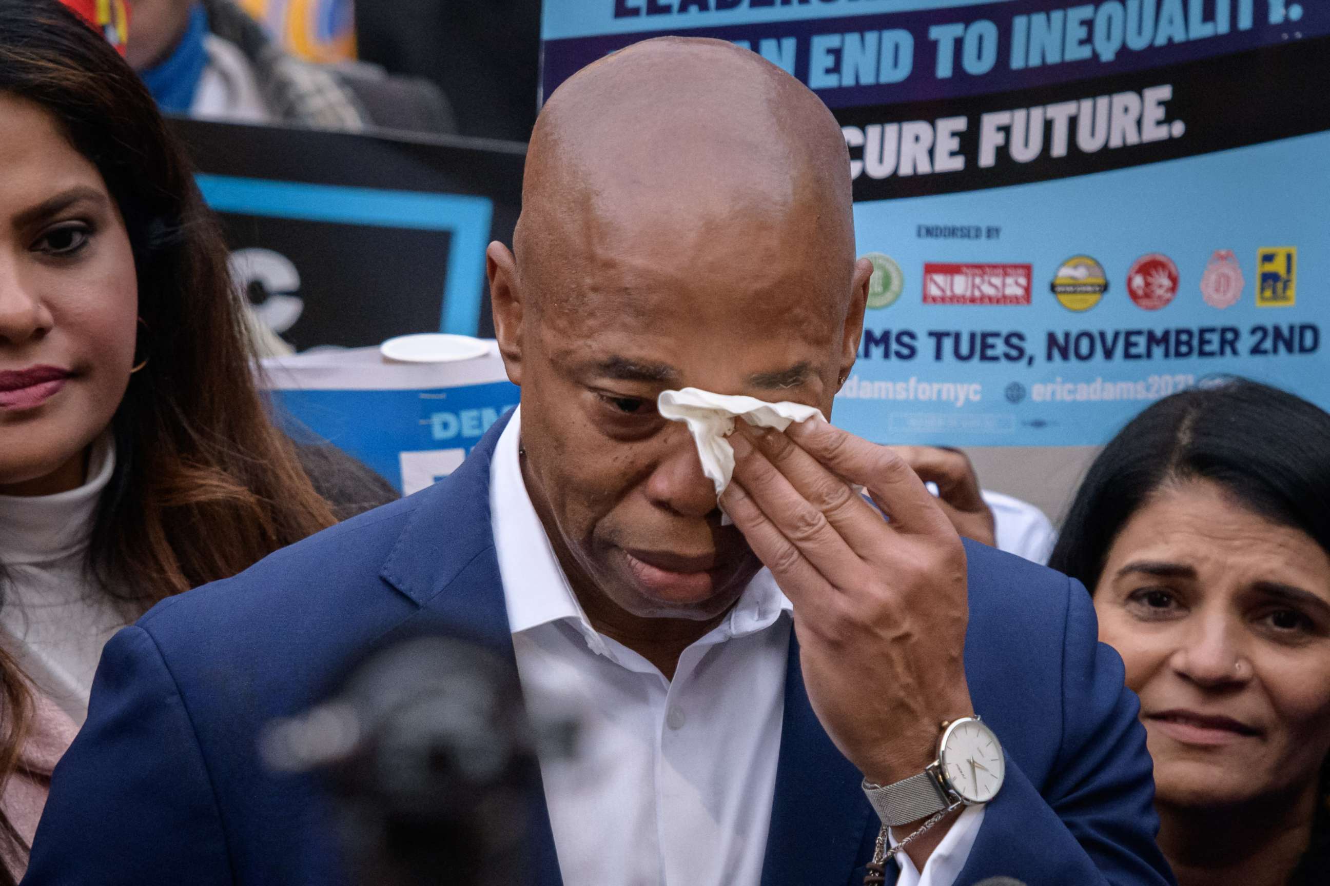 PHOTO: New York democratic mayoral candidate Eric Adams wipes his eyes as he speaks to the media and supporters upon leaving a voting center after casting his ballot, in Brooklyn, New York, on Nov. 2, 2021.