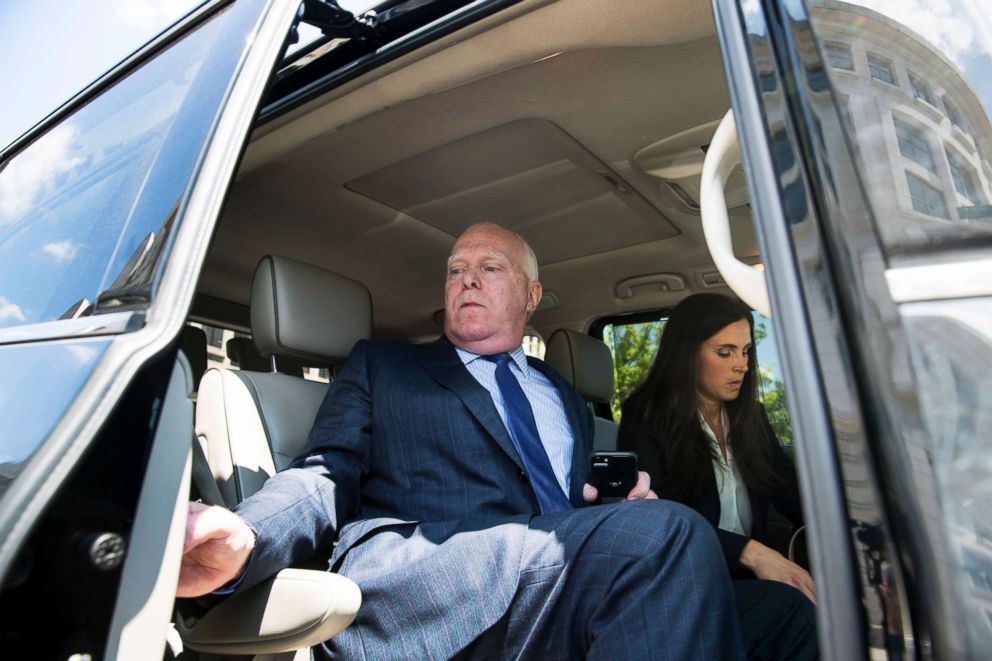 PHOTO: Attorneys Eric Dubelier, left, and Katherine Seikaly, right, representing Concord Management and Consulting LLC, leave federal court in Washington, May 9, 2018.