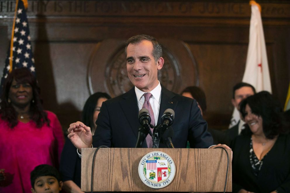 PHOTO: Los Angeles Mayor Eric Garcetti speaks during a news conference, Jan. 29, 2019, in Los Angeles.