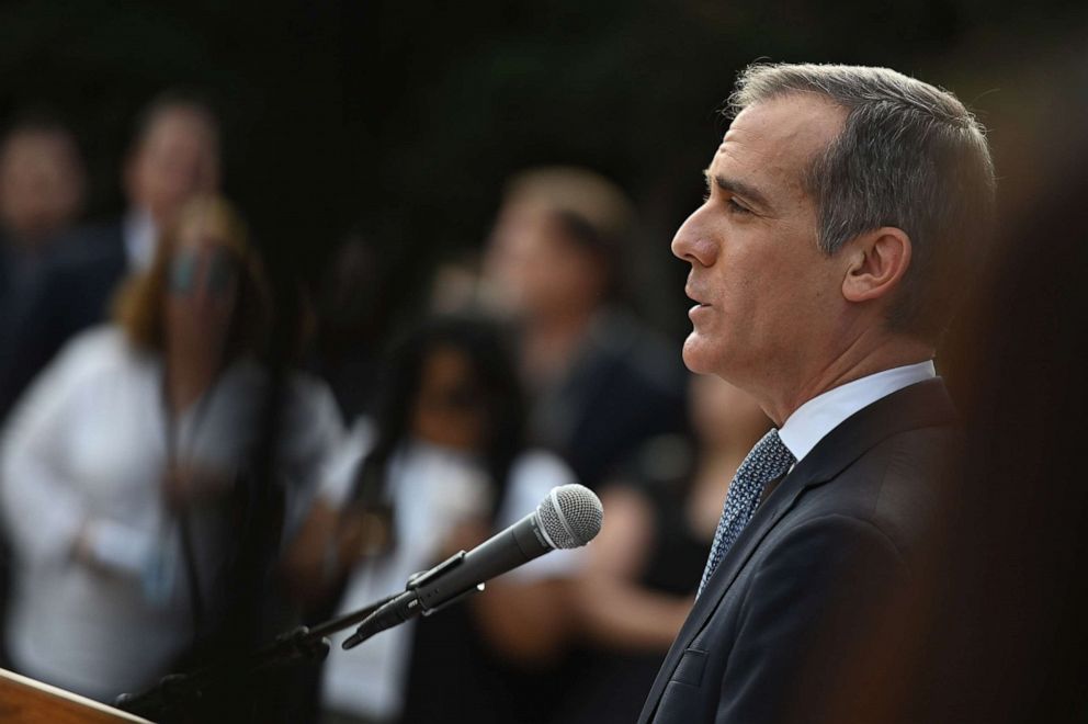 PHOTO: In this file photo Los Angeles Mayor Eric Garcetti speaks during a press conference on the novel coronavirus on March 4, 2020, in Los Angeles. 