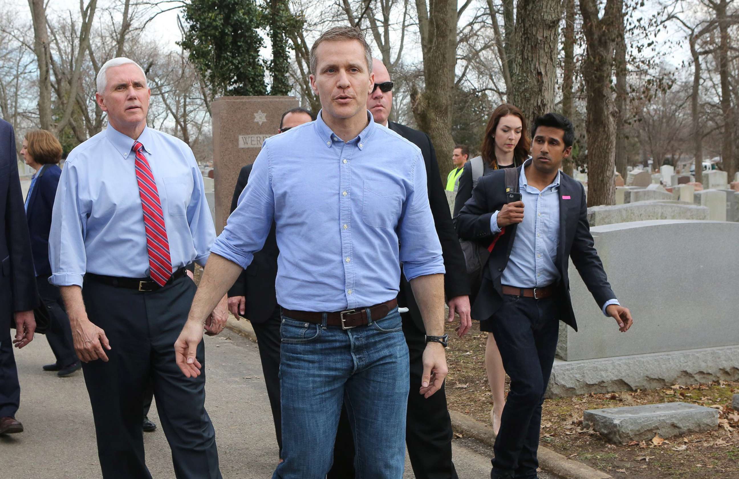 PHOTO: Vice President Mike Pence and Missouri Gov. Eric Greitens walk through the Chesed Shel Emeth Cemetery in University City, Mo., Feb. 22, 2017 in this file photo.