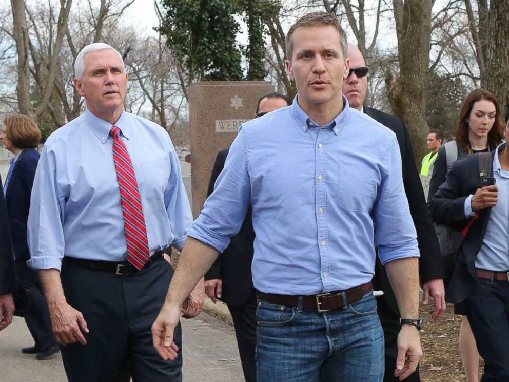 PHOTO: Vice President Mike Pence and Missouri Gov. Eric Greitens walk through the Chesed Shel Emeth Cemetery in University City, Mo., Feb. 22, 2017 in this file photo.