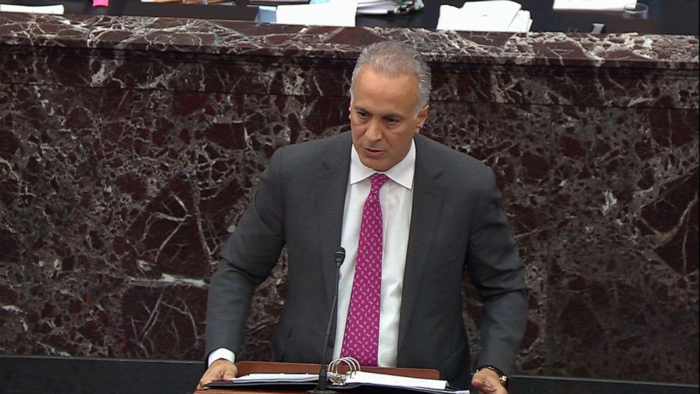 PHOTO: Eric Herschmann speaks on the Senate floor during the impeachment trial of President Donald Trump, Jan. 27, 2020, in Washington, DC.