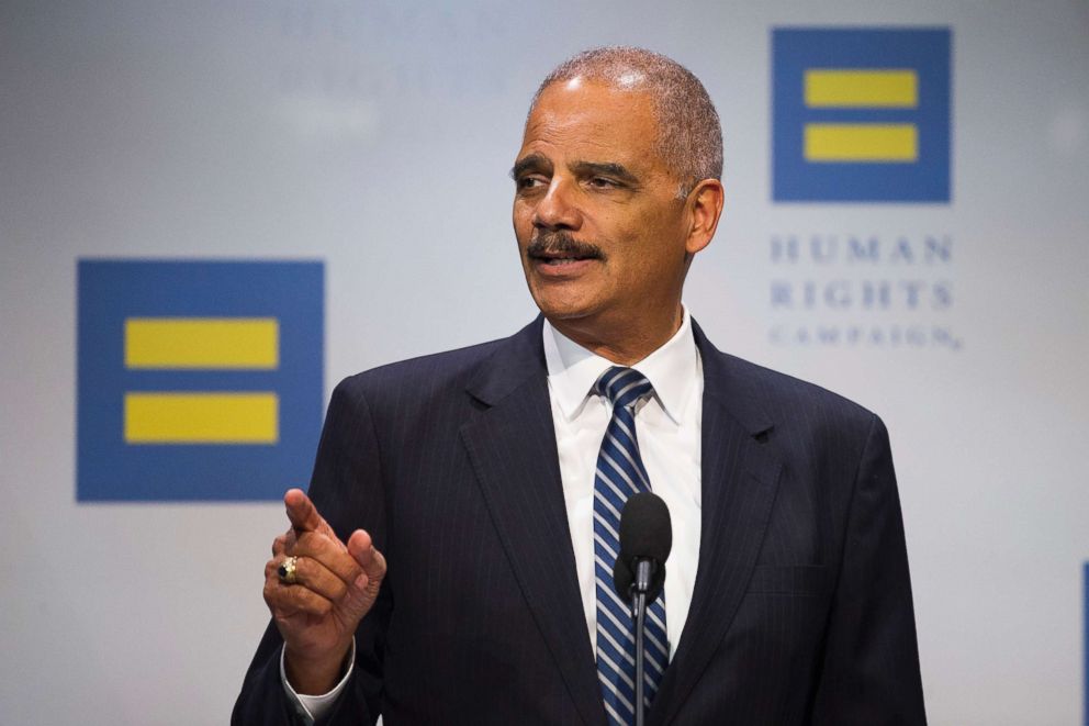 PHOTO: Former Attorney General Eric Holder addresses the Human Rights Campaign National Dinner in Washington, D.C., Sept. 15, 2018.