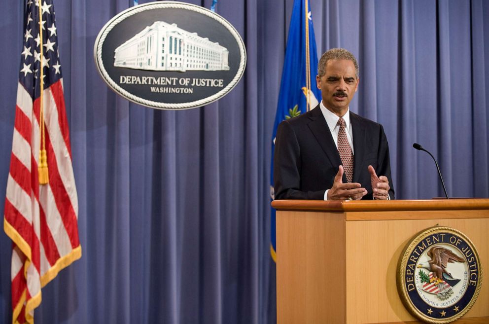 PHOTO: In this Nov. 13, 2009, file photo, US Attorney General Eric Holder holds a press conference to announce that five men accused of the September 11 attacks will be tried in a New York civilian court at the Justice Department in Washington, DC.