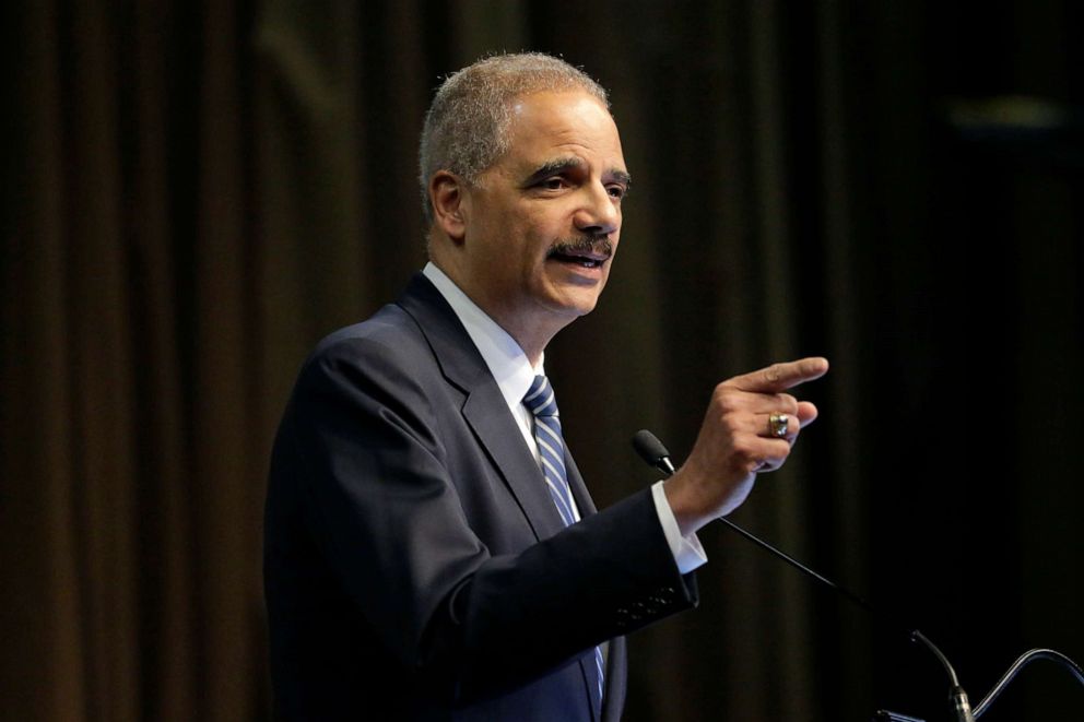 PHOTO: Former U.S. Attorney General Eric Holder, Jr. speaks during the National Action Network Convention in New York, April 3, 2019.