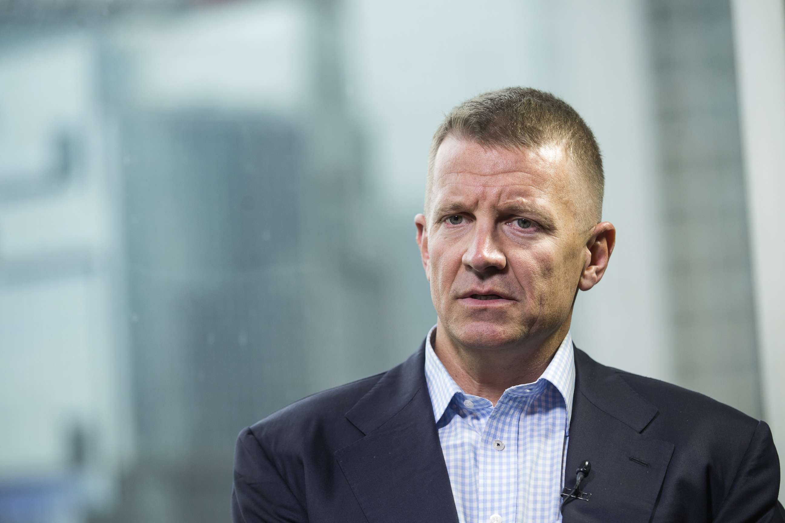 PHOTO: Erik Prince, chairman of Frontier Services Group Ltd., speaks during a Bloomberg Television interview in Hong Kong, China, on March 16, 2017.