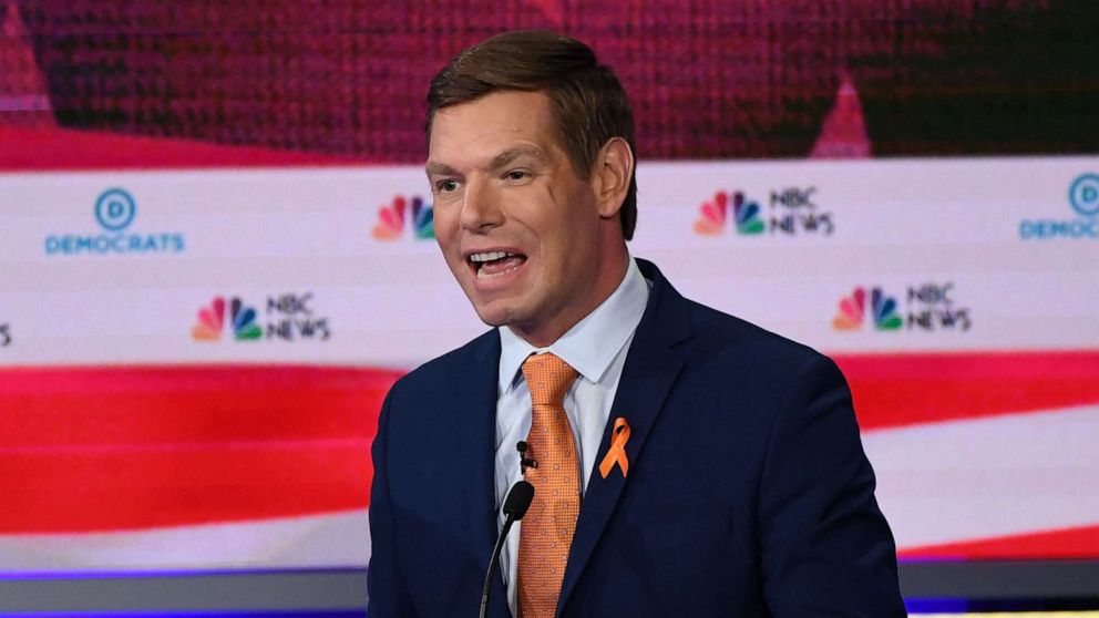 PHOTO: Eric Swalwell participates in the second night of the first 2020 democratic presidential debate at the Adrienne Arsht Center for the Performing Arts in Miami, June 27, 2019.