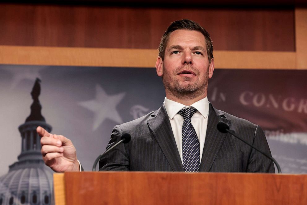 PHOTO: Rep. Eric Swalwell (D-CA) speaks during a news conference on the introduction of the Protection from Abusive Passengers Act at the U.S. Capitol Building, April 6, 2022, in Washington.