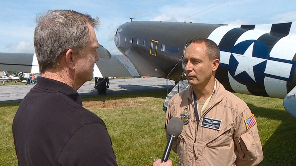 PHOTO: ABC News Senior Transportation Correspondent David Kerley interviews C-47 pilot Eric Zipkin in Maryland ahead of the commemoration of the 75th anniversary of D-Day in Normandy.