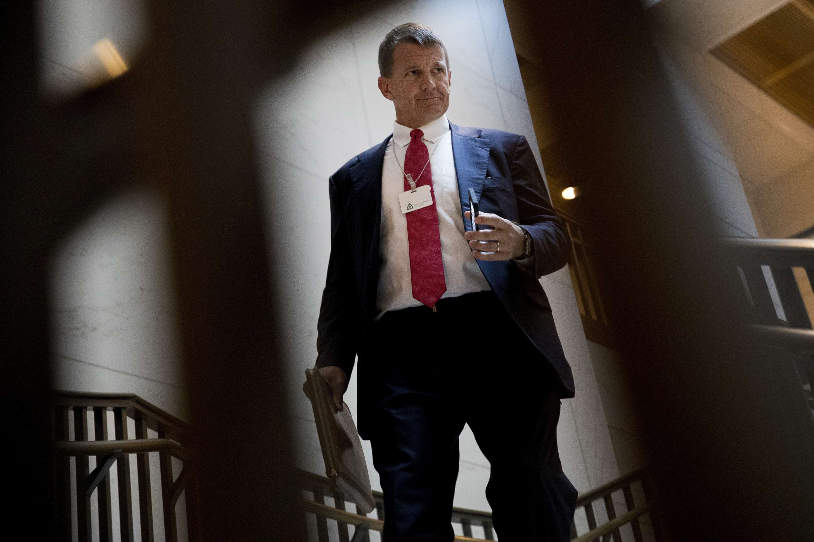 PHOTO: Erik Prince, chairman and executive director of Frontier Services Group Ltd., walks to a closed-door House Intelligence Committee meeting on Capitol Hill in Washington, Nov. 30, 2017.