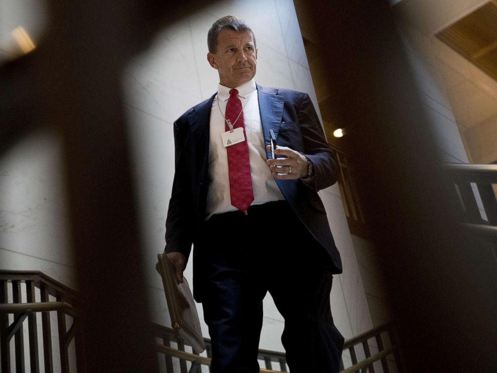 PHOTO: Erik Prince, chairman and executive director of Frontier Services Group Ltd., walks to a closed-door House Intelligence Committee meeting on Capitol Hill in Washington, Nov. 30, 2017.