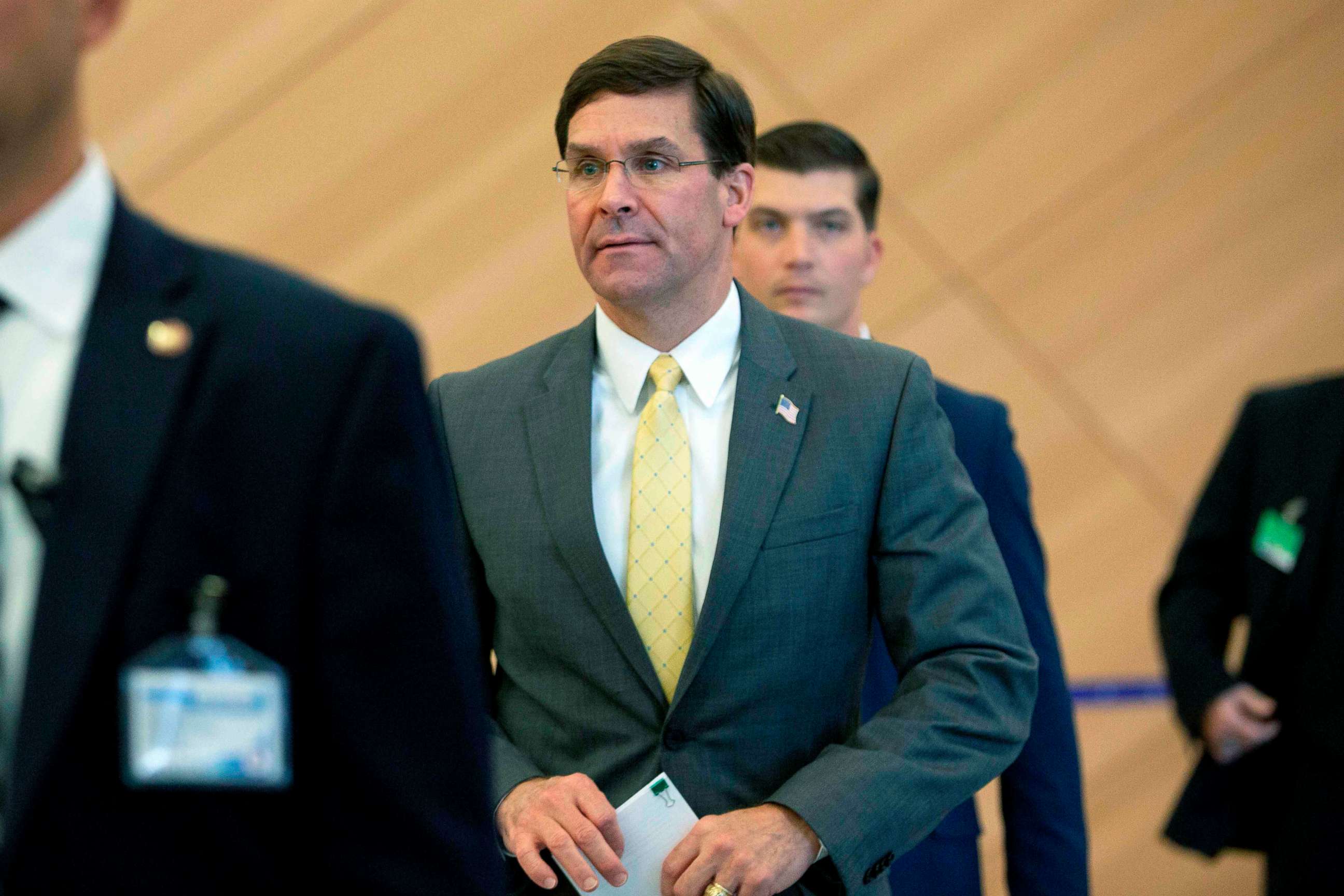 PHOTO: Defense Secretary Mark Esper arrives for a bilateral meeting with Turkish Defense Minister Hulusi Akar on the sidelines of a NATO Defence ministers meeting at the NATO headquarters in Brussels, Oct. 25, 2019. 