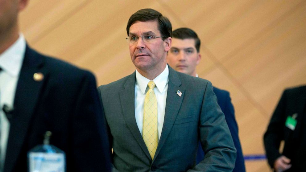 PHOTO: Defense Secretary Mark Esper arrives for a bilateral meeting with Turkish Defense Minister Hulusi Akar on the sidelines of a NATO Defence ministers meeting at the NATO headquarters in Brussels, Oct. 25, 2019. 