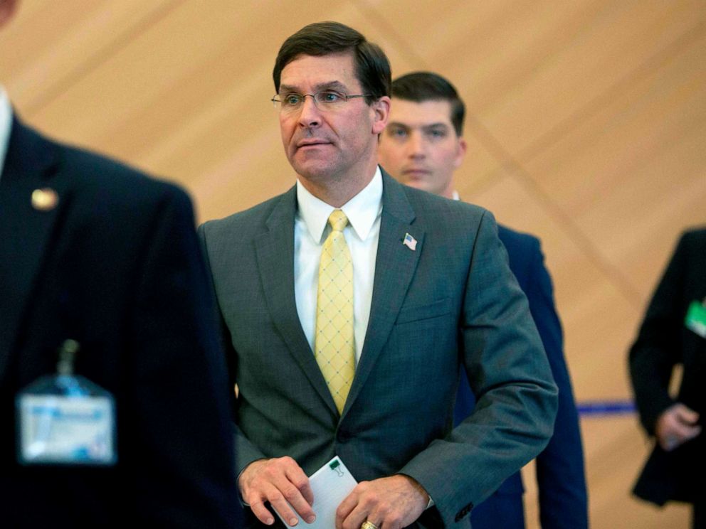 PHOTO: Defense Secretary Mark Esper arrives for a bilateral meeting with Turkish Defense Minister Hulusi Akar on the sidelines of a NATO Defence ministers meeting at the NATO headquarters in Brussels, Oct. 25, 2019.