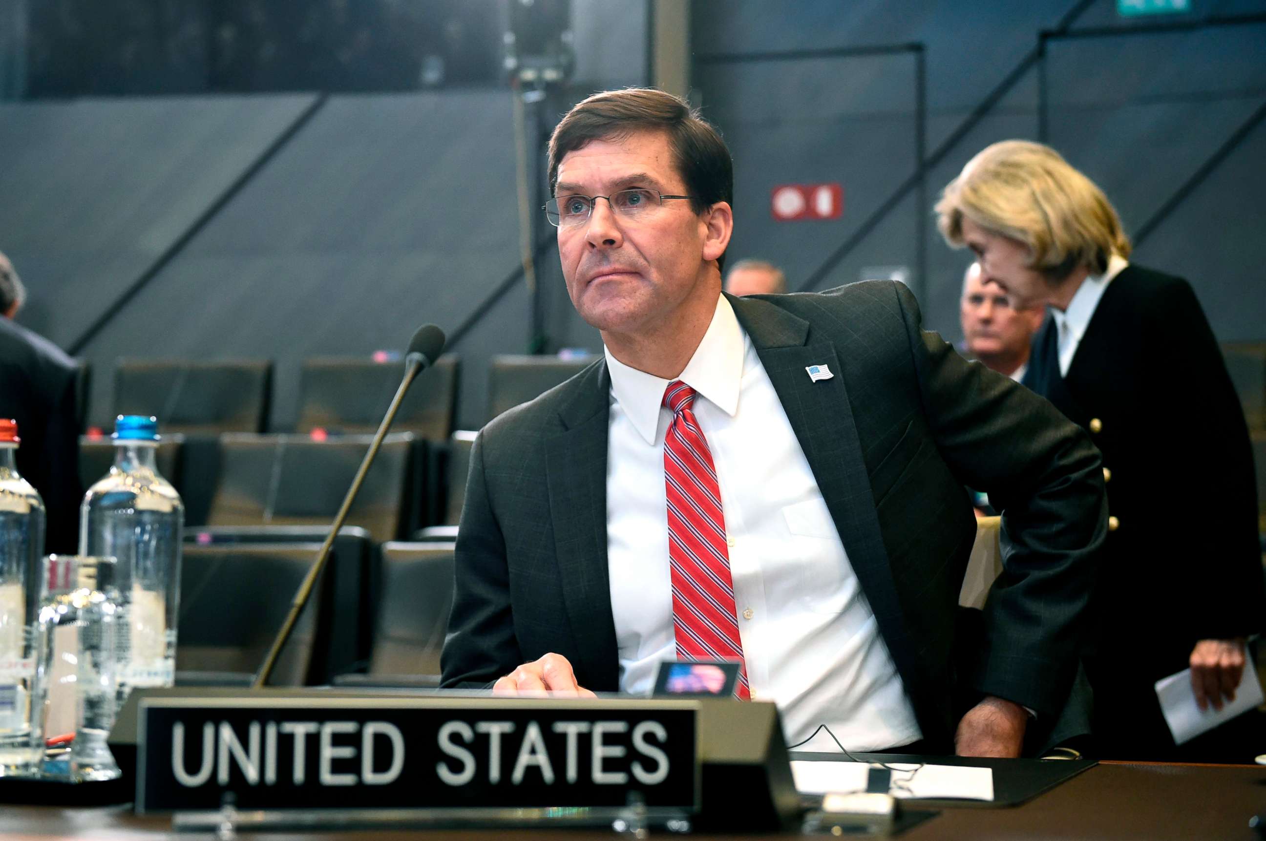 PHOTO: Defense Secretary Mark Esper looks on at the NATO headquarters in Brussels, Oct. 24, 2019, during a NATO Defense ministers meeting. 