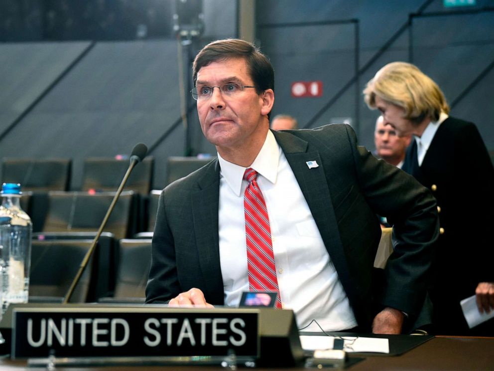 PHOTO: Defense Secretary Mark Esper looks on at the NATO headquarters in Brussels, Oct. 24, 2019, during a NATO Defense ministers meeting. 