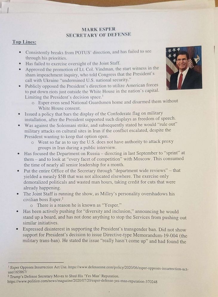 PHOTO: A memo from John McEntee's Presidential Personnel Office making the case for the firing of then-Secretary of Defense Mark Esper on Oct. 19, 2020. 