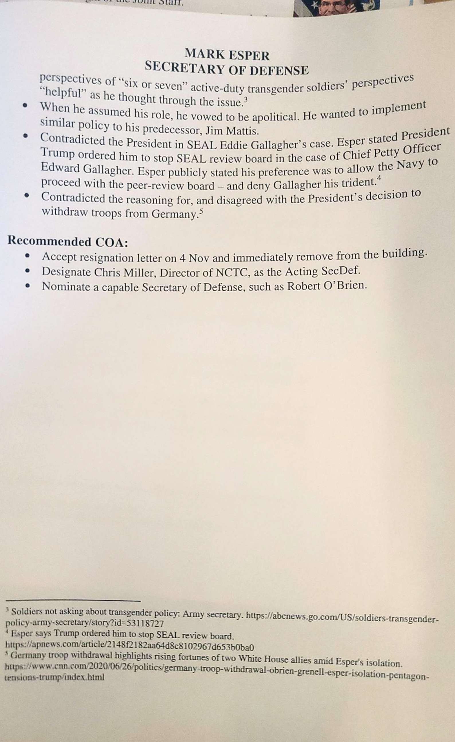 PHOTO: A memo from John McEntee's Presidential Personnel Office making the case for the firing of then-Secretary of Defense Mark Esper on Oct. 19, 2020. 
