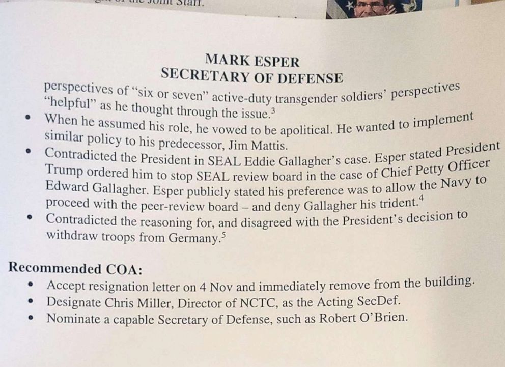 PHOTO: A memo from John McEntee's Presidential Personnel Office making the case for the firing of then-Secretary of Defense Mark Esper on Oct. 19, 2020. 