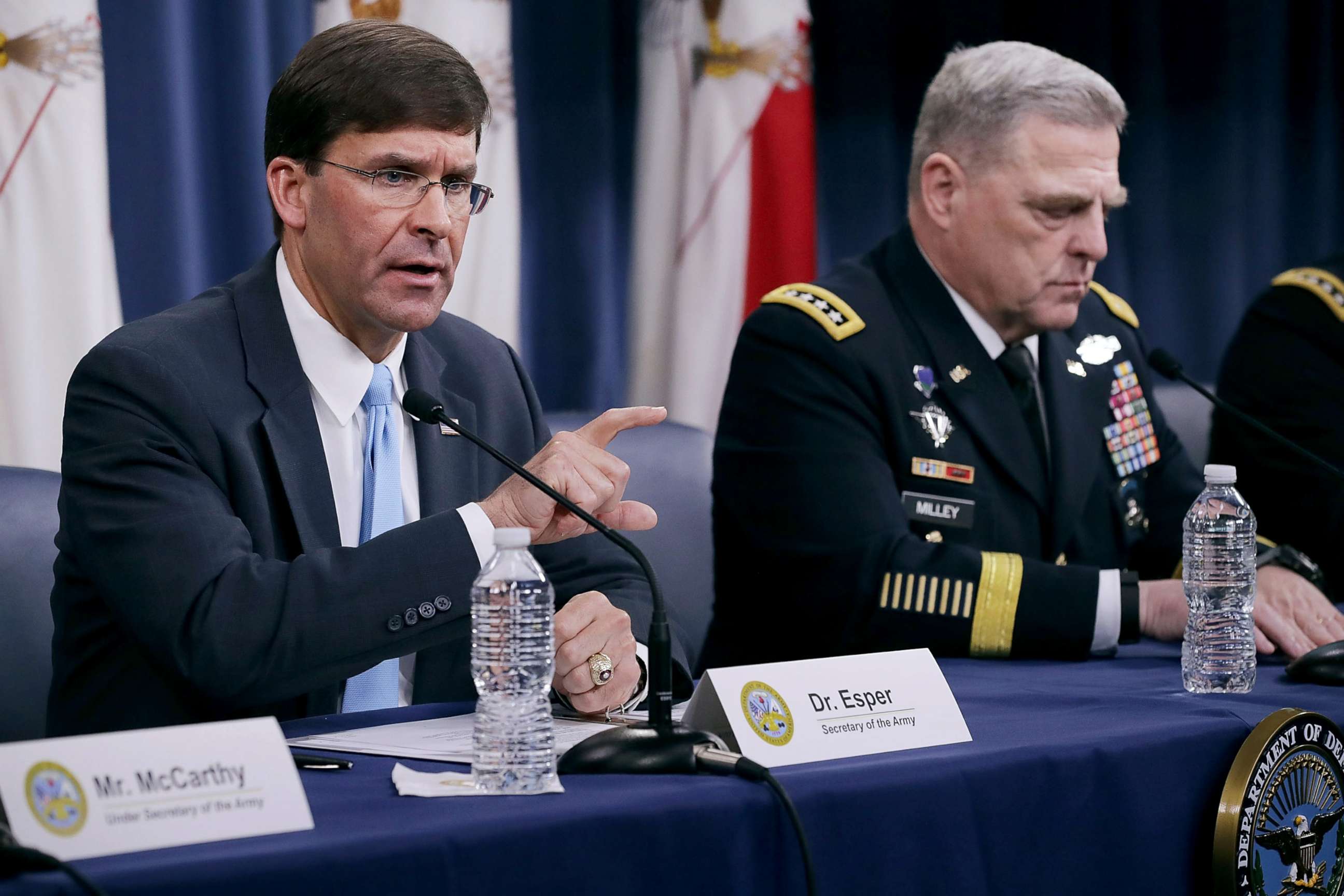 PHOTO: Army Secretary Mark Esper and Army Chief of Staff Gen. Mark Milley announce that Austin, Texas, will be the new headquarters for the Army Futures Command during a news conference at the Pentagon, July 13, 2018 in Arlington, Virginia.