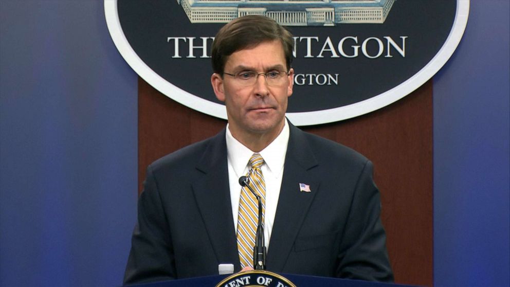 PHOTO: Defense Secretary Mark Esper holds a press briefing at Pentagon in Arlington, Va., Jan. 7, 2020.