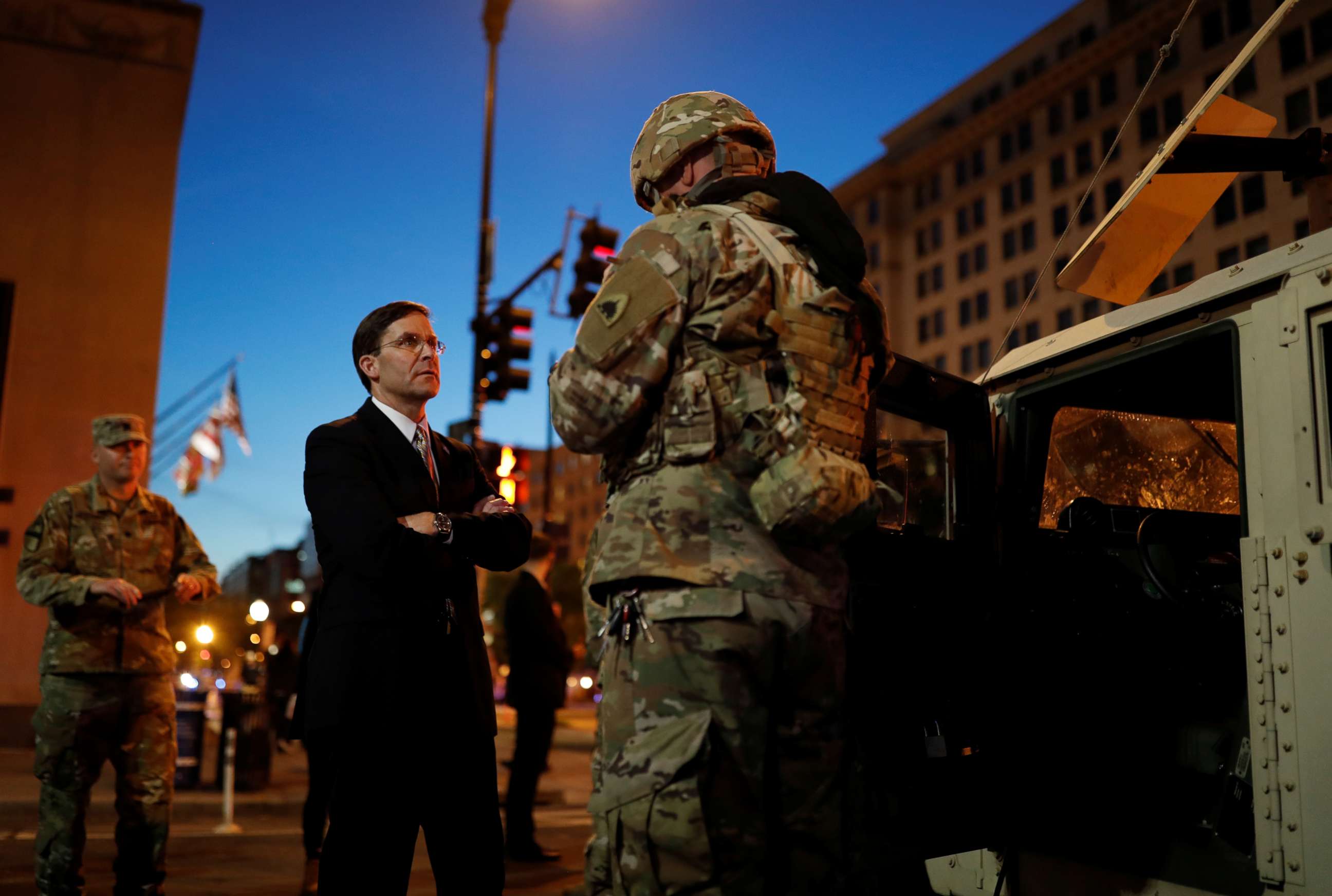 PHOTO: Defense Secretary Mark Esper visits DC National Guard military officers guarding the White House amid nationwide unrest following the death in Minneapolis police custody of George Floyd, in Washington, June 1, 2020.