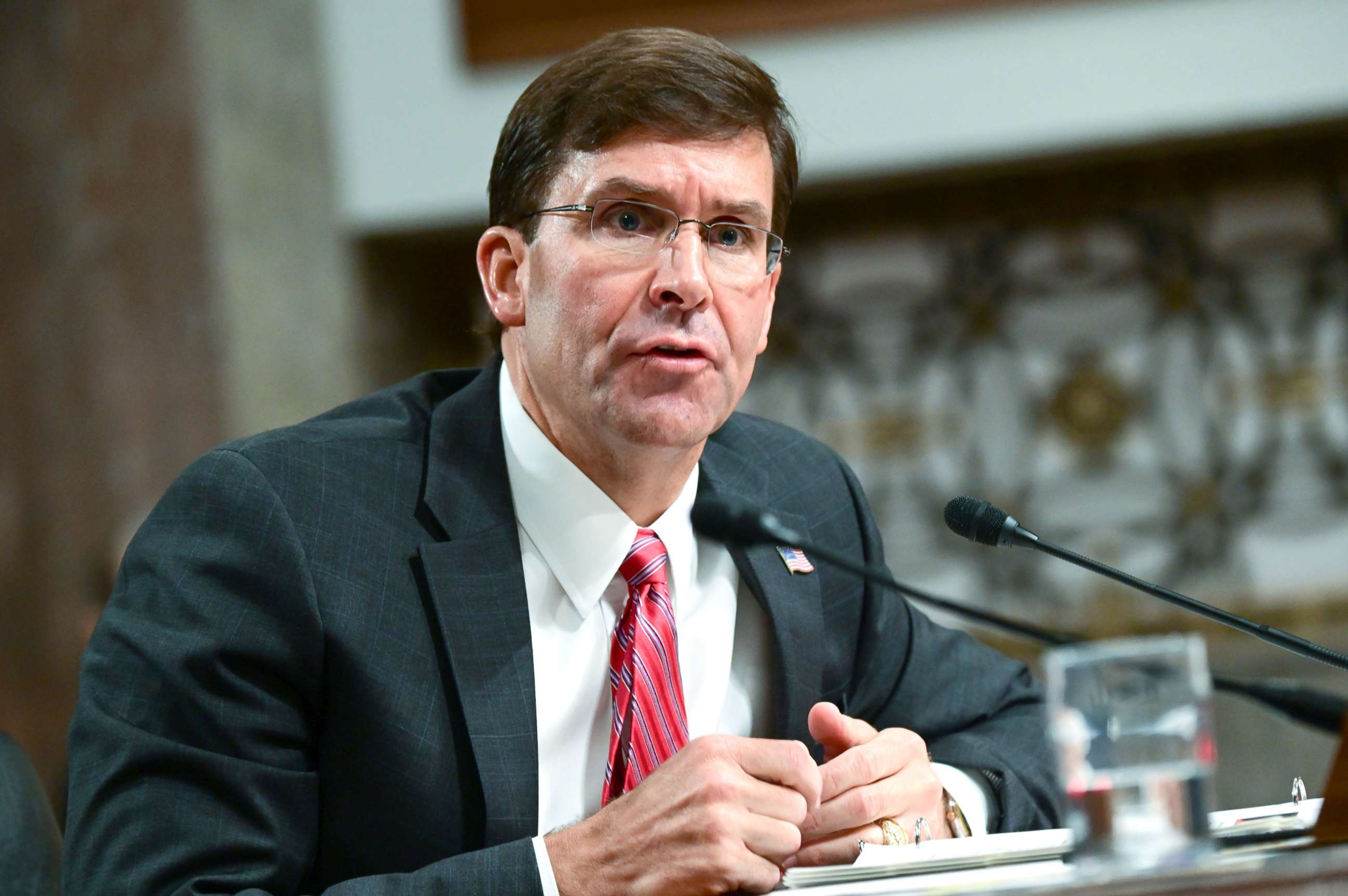 PHOTO: Defense Secretary nominee Mark Esper testifies before a Senate Armed Services Committee hearing on his nomination in Washington D.C., July 16, 2019. 