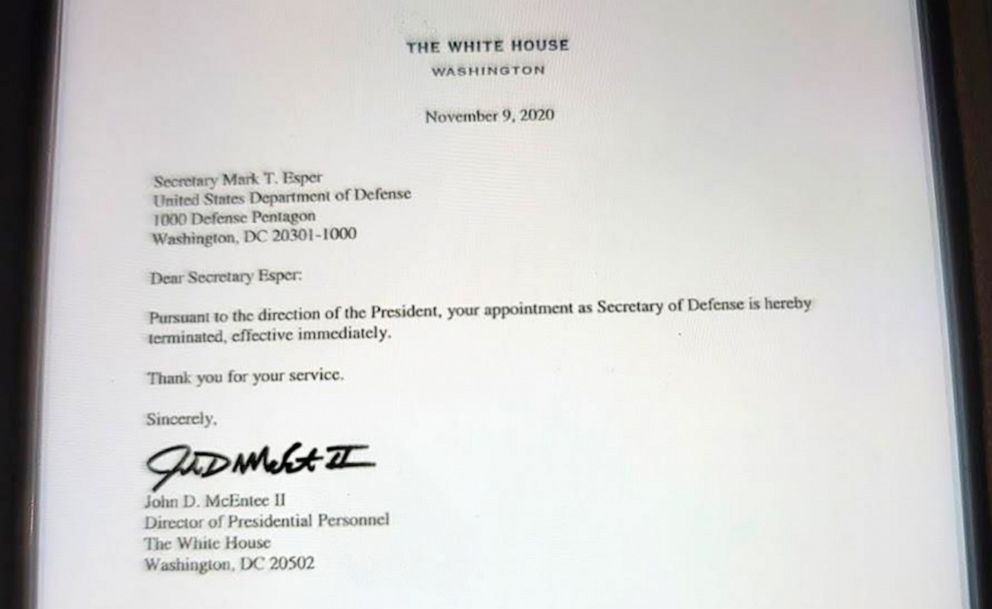 PHOTO: A termination letter for then-Secretary of Defense Mark Esper signed by John McEntee and dated Nov. 9, 2020.