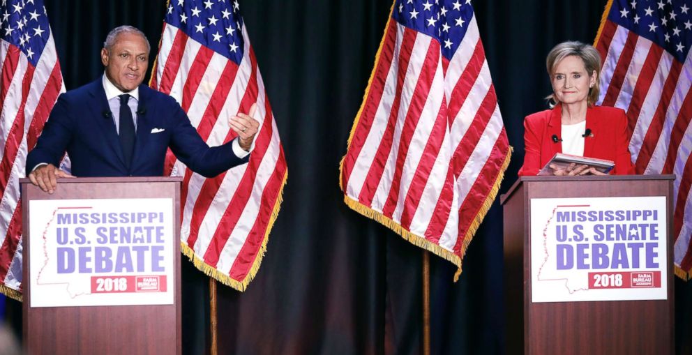 PHOTO: Democrat Mike Espy, left, challenges an answer from appointed U.S. Sen. Cindy Hyde-Smith, during their televised debate in Jackson, Miss., Nov. 20, 2018.