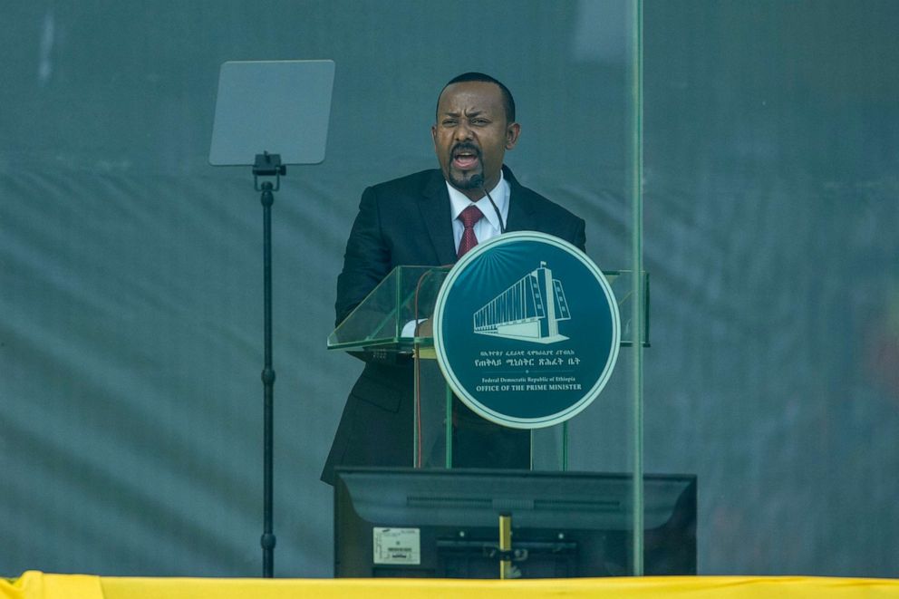 PHOTO: Ethiopia's Prime Minister Abiy Ahmed speaks behind bulletproof glass at his inauguration ceremony, after he was sworn in for a second five-year term, in the capital Addis Ababa, Ethiopia, Oct. 4, 2021. 