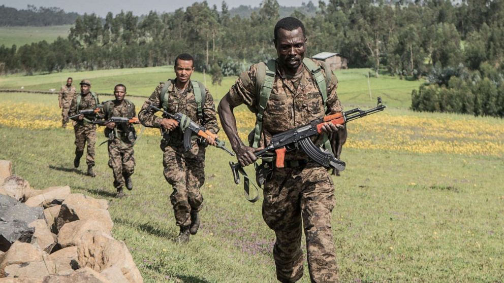 PHOTO: Ethiopian National Defence Forces soldiers train in the field of Dabat, northeast of the city of Gondar, Ethiopia, on Sept. 15, 2021.