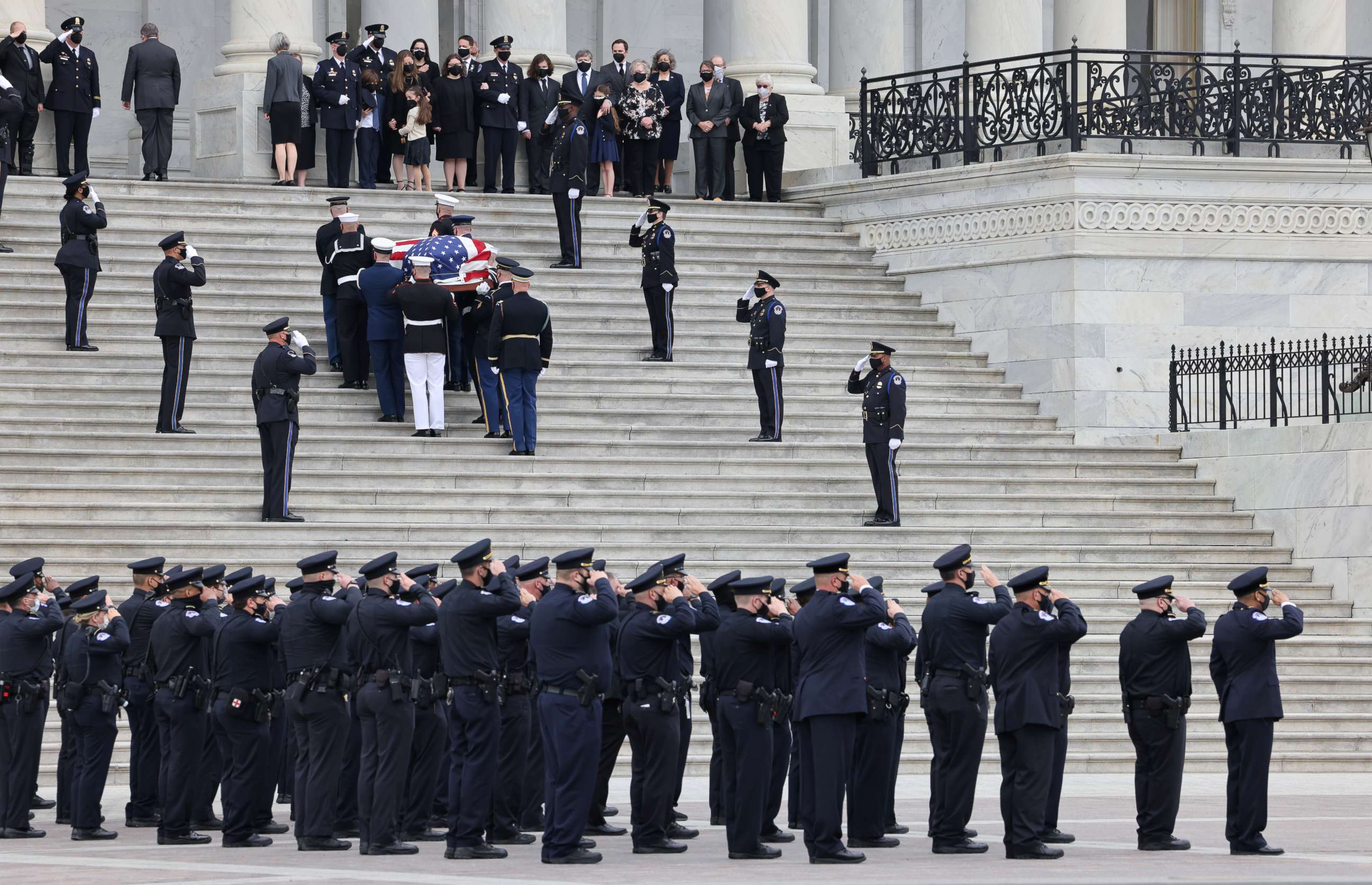 PHOTO: A casket containing the remains of Capitol Police officer William Evans, who was killed in the line of duty on April 2, arrives for a ceremony honoring the officer at the Capitol in Washington, April 13, 2021.
